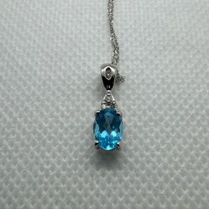 10K White Gold Blue Topaz with Accent Diamonds Pendant Necklace 18”